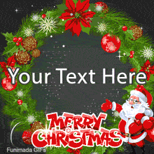 Santa Claus with a Christmas wreath made of poinsettias and pinecones on a chalkboard background. 'Merry Christmas' text is at the bottom.
