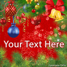 Festive pine branches with colorful ornaments and jingle bells. The bright red background features a burst of sparkling, firework-like animations.
