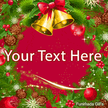 Classic Christmas wreath with golden jingle bells, pinecones, and holly. A swoosh of golden light animates across the red center.