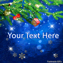 Decorated pine branch with ornaments hanging over a deep blue sky with falling golden snowflakes and twinkling stars.