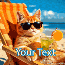 A chilled-out cat lounges under the sun at the beach in a deck chair, wearing stylish sunglasses and holding a fruity cocktail in a tall glass, animated in a continuous loop.