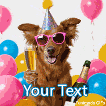 Funny animation of a party-ready dog in a birthday hat and bright pink sunglasses, holding a champagne flute while celebrating among colorful balloons and sparkling wine.