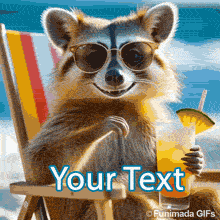 A stylish raccoon wearing sunglasses relaxes in a deck chair with a tropical drink, enjoying the sunshine and sea breeze in a bright animated vacation scene.