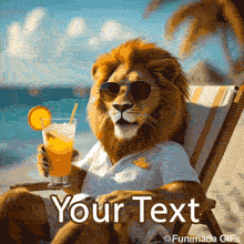 A chill lion dressed in resort wear reclines at the beach with a tropical drink in hand, complete with sunglasses, blue skies, and calm ocean waves in a relaxed animated loop.