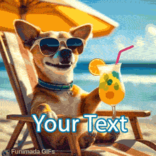 Relaxed cartoon-style dog enjoying a beach day, reclining with sunglasses and a colorful drink in paw, surrounded by sun, sand, and ocean waves in a looping animation.