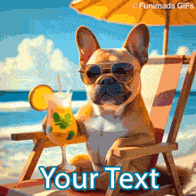 A cool bulldog in aviator sunglasses relaxes at the beach with a fruity drink in paw, featuring a lemon slice and herbs, set against a blue sky and ocean backdrop.