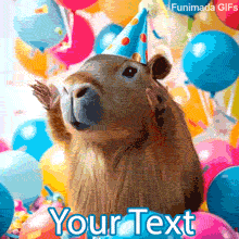 A cheerful capybara in a birthday hat raises its paws amid floating blue, yellow, and pink balloons and vibrant confetti in a lively animated celebration loop.