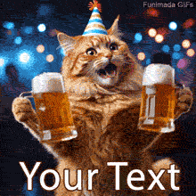 A fluffy orange cat with an ecstatic face wears a party hat and hoists two mugs of beer in a celebratory animated GIF with party lights in the background.