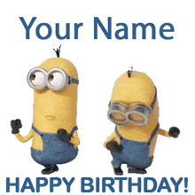 Customizable GIF template featuring a tall Minion and a short Minion in denim overalls doing a funny dance above bold blue text.