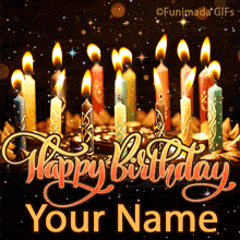 Elegant animated scene with flickering candles of various colors on a dark cake, glowing sparkles, and refined cursive text across the front.