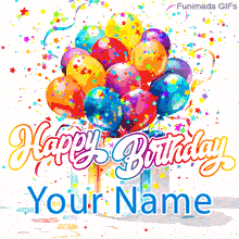 A vibrant, artistic animation of a gift box releasing a bunch of colorful balloons amid a shower of star confetti. A customizable birthday greeting.