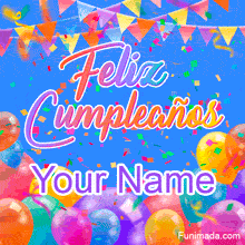 Animated Spanish birthday GIF with colorful balloons, confetti, and pennant banners on a bright blue background, featuring multicolored 'Feliz Cumpleaños' text