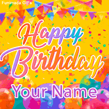 Joyful animated birthday scene with a shower of confetti, bright balloons, and festive bunting. A perfect template for adding a personal, celebratory message.