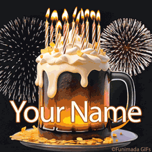 Animated mug of beer overflowing with foam, topped with lit candles, surrounded by falling confetti and bright fireworks exploding in the background on a black backdrop.