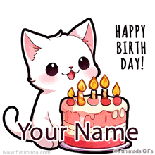 Cute animated cat with a layered pink and cream cake, topped with candles. The kitten has a sweet expression and is part of a cheerful birthday scene on a white background.
