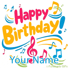 Bright and cheerful birthday animation featuring bold red, yellow, and blue lettering with animated music notes and curved accents dancing around the text.