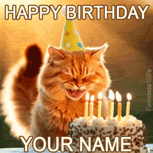 A fluffy ginger cat wearing a birthday hat stands next to a lit birthday cake, appearing to shout joyfully beneath bold 'Happy Birthday' text on a warmly lit background.