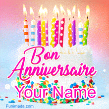 Animated French birthday GIF featuring a white cake with colorful candles and rainbow sprinkles, elegant pink 'Bon Anniversaire' script, and soft pastel background with glowing lights