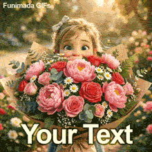 Custom GIF template featuring an adorable 3D girl holding a massive floral bouquet wrapped in craft paper against a warm, sunlit garden background.