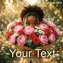 Create a personalized greeting instantly. Edit this charming GIF of a cute little girl with natural curls hiding behind a massive bouquet of spring flowers.