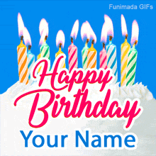 A cheerful cake with lit, striped candles against a blue background. This animated template allows you to add a name below the text greeting.