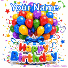 Bright birthday animation showing a large bunch of multicolored balloons lifting from a gift box with blue ribbon, rainbow Happy Birthday lettering, and scattered confetti.