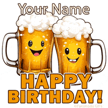 Cheerful animation with two bubbly cartoon beer glasses high-fiving with foam splashes, happy faces, and bold birthday text below, all set on a clean white background.