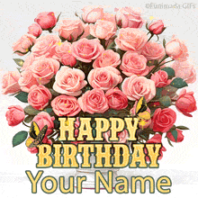 Elegant animated GIF showing a lush bouquet of blooming roses in pink tones, with golden butterflies dancing around vintage-style text in green and yellow.
