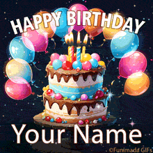 Animated two-tier chocolate-dripped birthday cake with glowing candles and colorful candies, surrounded by sparkling balloons and 'Happy Birthday' text in curved white letters above.