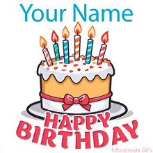 Cute birthday cake illustration with flickering candles, red ribbon, and colorful sprinkles, paired with playful red 'Happy Birthday' letters on a clean white background.
