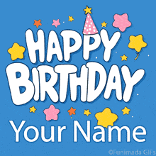 Bold cartoon-style Happy Birthday lettering with a party hat and colorful stars bouncing around on a vibrant blue backdrop, creating a cheerful animated greeting.