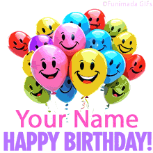 Cluster of vibrant birthday balloons in yellow, pink, blue, red, and green, all with smiley faces, bouncing above large purple lettering on a clean white backdrop.