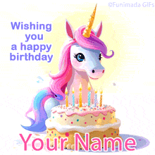 A smiling unicorn with pink mane and sparkling horn stands behind a layered birthday cake topped with candles, with soft light and the greeting 'Wishing you a happy birthday.'