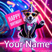 A stylish dog in sunglasses and party gear dances with a bright sign in paw, set against glowing purple and blue lights, creating a playful animated celebration.