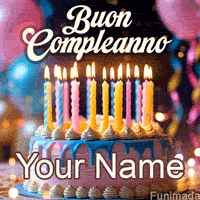 Animated Italian birthday GIF featuring a pink and blue drip cake with many colorful lit candles, elegant white 'Buon Compleanno' script, and soft glowing background with balloons