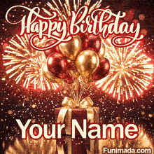 Animated birthday GIF with shiny gold and red balloons rising from a gift box tied with a golden bow, elegant white 'Happy Birthday' script, and sparkling fireworks against a dark night sky.
