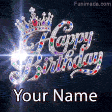 Elegant animated birthday GIF template with sparkling diamond 'Happy Birthday' lettering topped by a jeweled silver crown, colorful gems, and soft light flares on a dark starry background.
