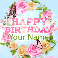 A circular garland of pink and yellow roses surrounds animated pink Happy Birthday lettering, with two butterflies gently flying across the light blue and white background.