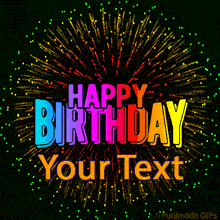 Animated GIF with bold rainbow-colored text centered in front of a dazzling golden firework explosion and green sparkles, perfect for festive messages.
