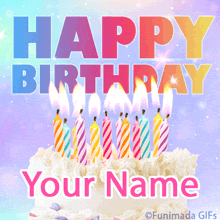 A festive birthday cake topped with flaming rainbow-striped candles glows below big bold 'Happy Birthday' text in gradient colors on a dreamy pastel and glitter background.