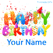 Cheerful and colorful 'Happy Birthday' text bursts with animated confetti in this fun template, perfect for adding a name or personal birthday wish.
