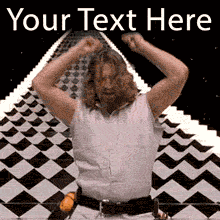 Animated GIF of The Dude from The Big Lebowski dancing happily with his arms up in a surreal dream sequence with a checkered floor. An editable meme template.