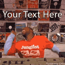 Classic meme of a DJ dancing hard in front of a wall of records. An energetic animated template for your personalized party or celebration message.