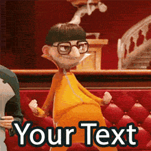 Hilarious animated GIF of a nerdy cartoon character in a bright orange warm-up suit pumping his fists and dancing awkwardly to express excitement.