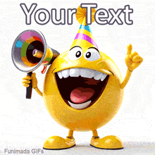 Time to celebrate loud and proud! Edit this vibrant animated GIF of a giant, happy yellow smiley face wearing a party hat with a custom birthday message.
