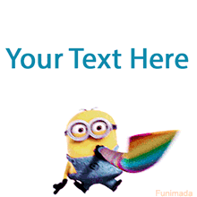 Animated GIF of a happy Minion dancing while waving a large rainbow flag. An editable meme template for celebrations and showing pride.