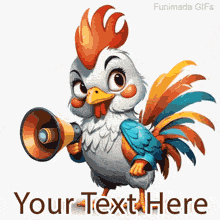Cheerful cartoon rooster holding a megaphone with a colorful tail, animated in a loop with customizable text area below for your personalized morning greeting.