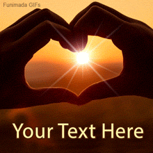 Silhouetted hands forming a heart shape around the rising sun at dawn, glowing warmly with rays shining through, with space below for custom text in a soft yellow tone.