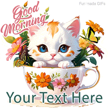 A wide-eyed white kitten with orange spots sits in a floral teacup, surrounded by colorful flowers and butterflies, with 'Good Morning' text and space for a custom message.