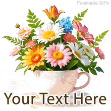 An animated white teacup filled with blooming flowers in pink, yellow, white, and blue shades, with a buzzing bee and editable text area below for your message.
